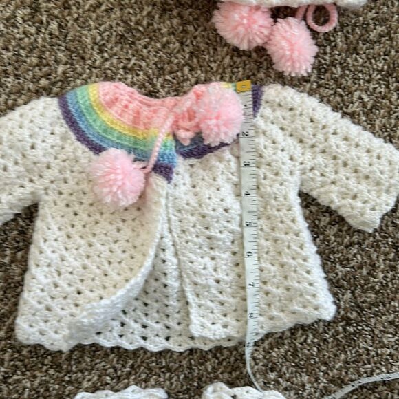 Handknit Crochet Baby Vintage Rainbow Sweater, Hat & Bootie Set - Picture 3 of 7